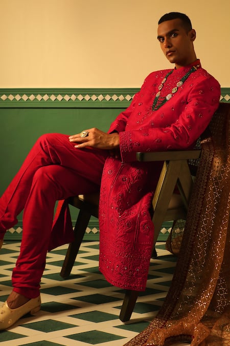 Sulakshna Jasra Red , Cotton, Organza Embroidery, Zari, Beads Dori Sherwani Set at Aza Fashions Sulakshna Jasra_Red , Cotton, Organza Embroidery, Zari, Beads Dori Sherwani Set _at_Aza_Fashions