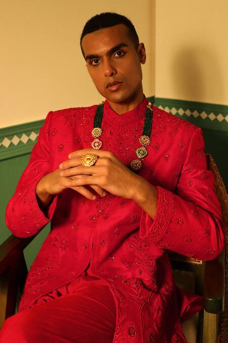 Buy Sulakshna Jasra Red , Cotton, Organza Embroidery, Zari, Beads Dori Sherwani Set Buy_Sulakshna Jasra_Red , Cotton, Organza Embroidery, Zari, Beads Dori Sherwani Set