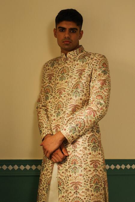 Sulakshna Jasra_Off White Cotton Embroidery Floral Zari Sherwani Set _Online_at_Aza_Fashions