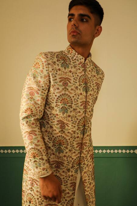 Buy_Sulakshna Jasra_Off White Cotton Embroidery Floral Zari Sherwani Set _Online_at_Aza_Fashions