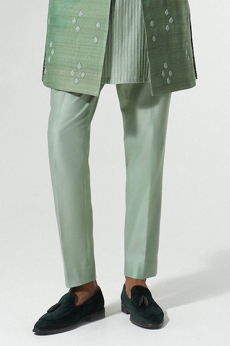 Sulakshna Jasra Green Silk Embroidery French Knots Bandhgala Set Online at Aza Fashions Sulakshna Jasra_Green Silk Embroidery French Knots Bandhgala Set _Online_at_Aza_Fashions