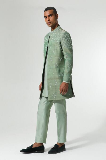 Buy Sulakshna Jasra Green Silk Embroidery French Knots Bandhgala Set Online at Aza Fashions Buy_Sulakshna Jasra_Green Silk Embroidery French Knots Bandhgala Set _Online_at_Aza_Fashions