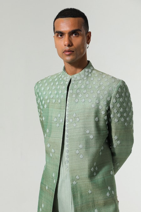 Shop Sulakshna Jasra Green Silk Embroidery French Knots Bandhgala Set Online at Aza Fashions Shop_Sulakshna Jasra_Green Silk Embroidery French Knots Bandhgala Set _Online_at_Aza_Fashions