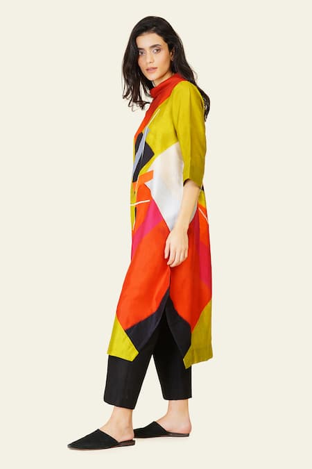 Buy_Taika By Poonam Bhagat_Multi Color Silk Cowl Neck Geometric Print Thread Embroidered Tunic _Online_at_Aza_Fashions