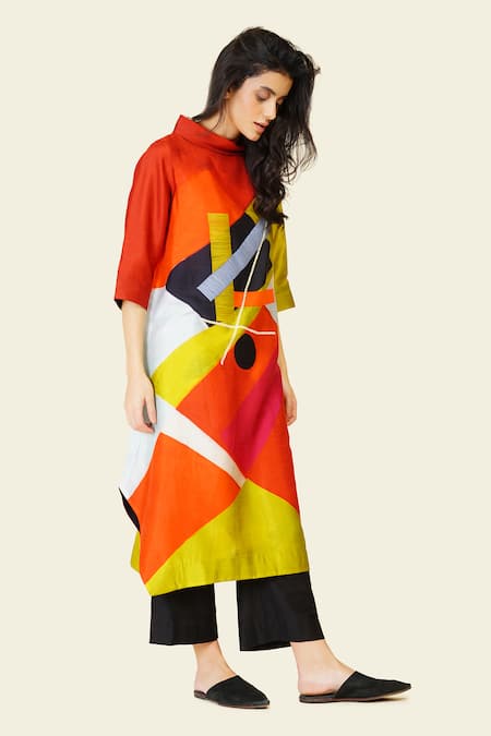 Shop_Taika By Poonam Bhagat_Multi Color Silk Cowl Neck Geometric Print Thread Embroidered Tunic _Online_at_Aza_Fashions