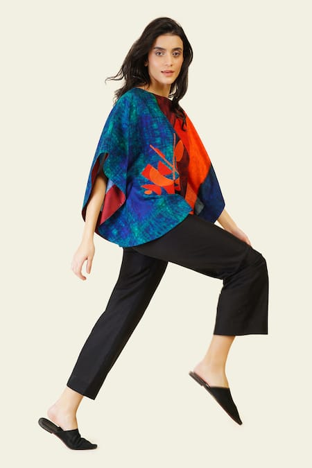 Taika By Poonam Bhagat_Multi Color Silk Embroidery Boat Neck Geometric Print Top _at_Aza_Fashions