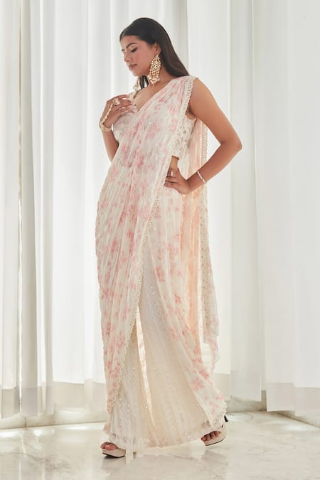 Buy_Saaj By Ankita_Peach Georgette Pearls, Mirrors V-neck Embroidered Pre-draped Sharara Saree Set 