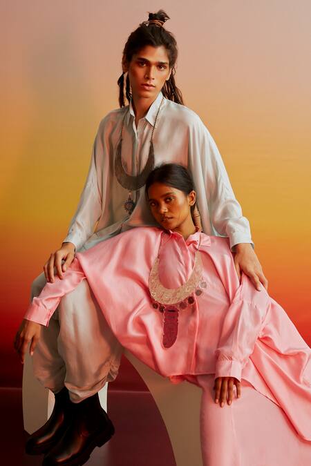 Ituvana_Blue Silk Shawl Neck Ice High-low Tunic And Dhoti Pant Set _Online_at_Aza_Fashions