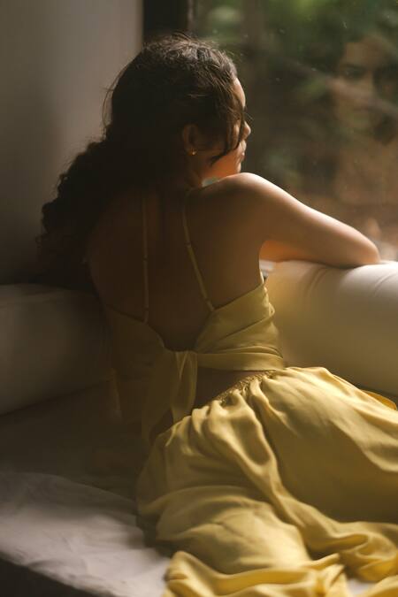 Ituvana Sun Yellow Layered Top & Flared Pant Set 