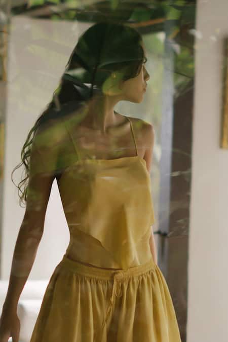 Ituvana_Yellow Silk Sweetheart Neck Sun Layered Top And Flared Pant Set _Online_at_Aza_Fashions