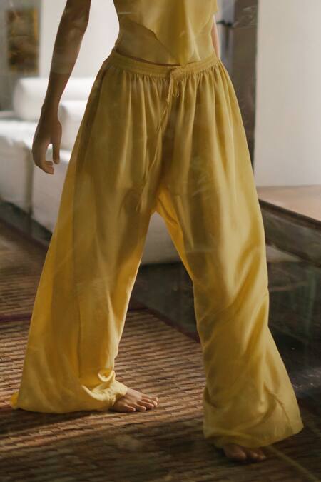 Buy_Ituvana_Yellow Silk Sweetheart Neck Sun Layered Top And Flared Pant Set _Online_at_Aza_Fashions