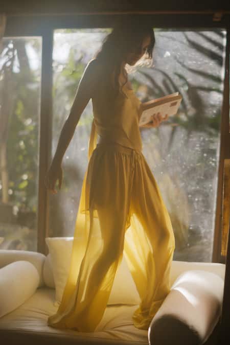 Shop_Ituvana_Yellow Silk Sweetheart Neck Sun Layered Top And Flared Pant Set _Online_at_Aza_Fashions
