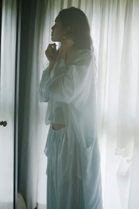 Ituvana Ice Blue Silk Cape & Flared Pant Set 