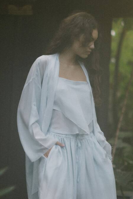 Ituvana_Blue Silk Square Neck Ice Cape And Flared Pant Set _Online_at_Aza_Fashions