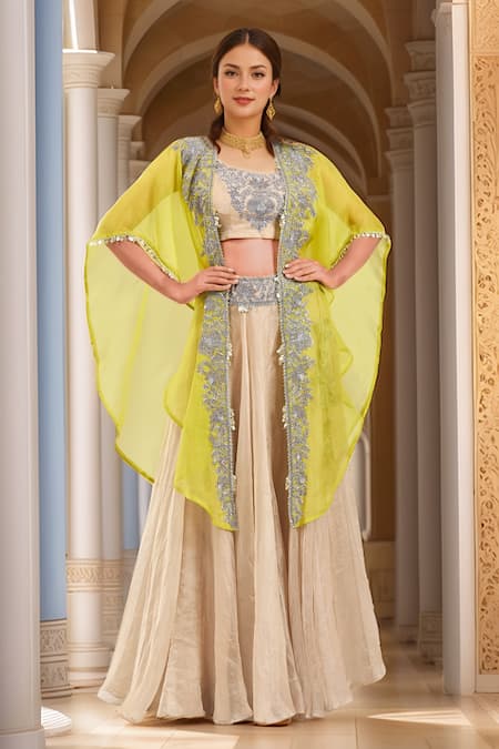 Prisho Botanical Thread Embroidered Cape With Lehenga Set 