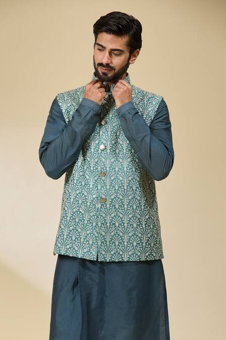 Buy_Ankita Shahabadi_Blue Silk Beads Floral Embroidered Nehru Jacket 