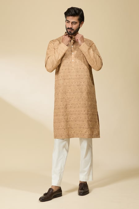 Buy_Ankita Shahabadi_Beige Handloom Cotton Embroidery Thread Kurta 