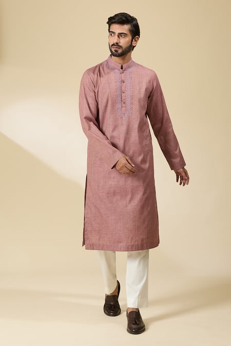 Buy_Ankita Shahabadi_Pink Handloom Cotton Embroidery Thread Mandarin Collar Kurta 