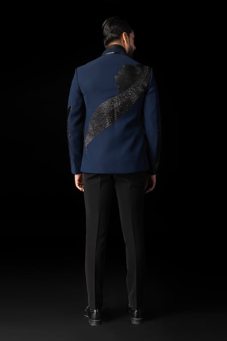 PAARSH Navy Blue Leather Applique Tuxedo Set 