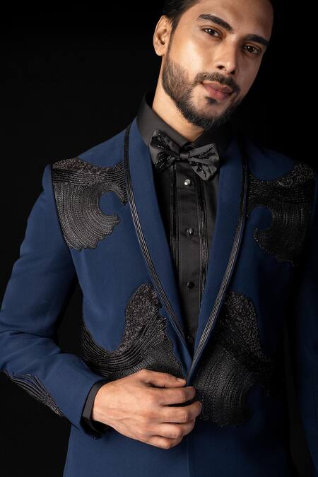 PAARSH_Blue Silk, Polyester Applique Navy Leather Tuxedo Set _Online_at_Aza_Fashions