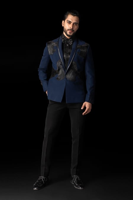 Buy_PAARSH_Blue Silk, Polyester Applique Navy Leather Tuxedo Set _Online_at_Aza_Fashions