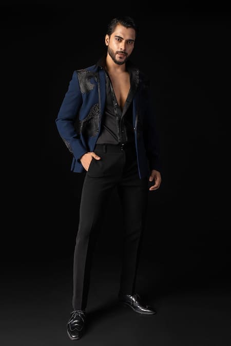 PAARSH_Blue Silk, Polyester Applique Navy Leather Tuxedo Set _at_Aza_Fashions