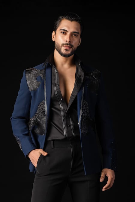 Buy_PAARSH_Blue Silk, Polyester Applique Navy Leather Tuxedo Set 