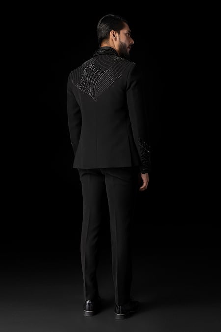 Shop_Paarsh_Black Cotton Embroidery 3d Floral Tuxedo Set _at_Aza_Fashions