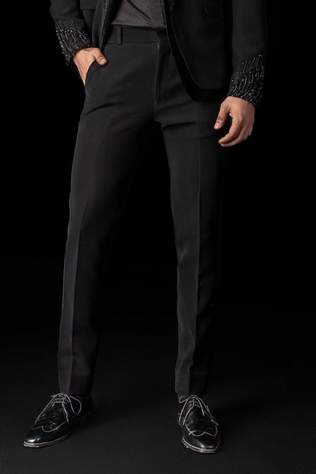 Paarsh_Black Cotton Embroidery 3d Floral Tuxedo Set _Online_at_Aza_Fashions