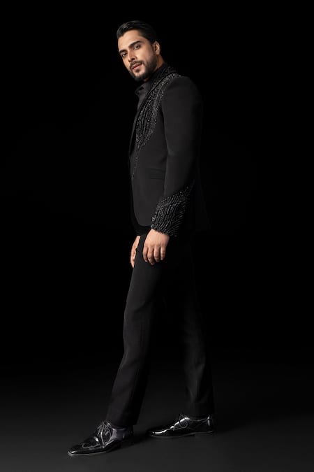 Buy_Paarsh_Black Cotton Embroidery 3d Floral Tuxedo Set _Online_at_Aza_Fashions