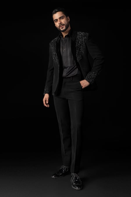 Shop_Paarsh_Black Cotton Embroidery 3d Floral Tuxedo Set _Online_at_Aza_Fashions