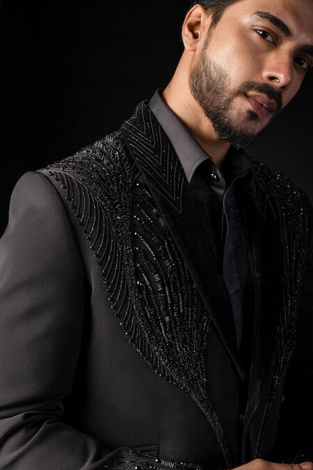 Paarsh_Black Cotton Embroidery 3d Floral Tuxedo Set _at_Aza_Fashions
