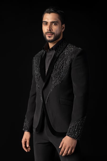 Buy_Paarsh_Black Cotton Embroidery 3d Floral Tuxedo Set 