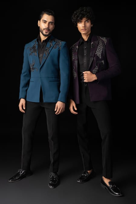 PAARSH Linear Embroidered Purple Tuxedo Set 