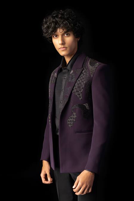 Shop_PAARSH_Purple Cotton Embroidery Linear Tuxedo Set _Online_at_Aza_Fashions