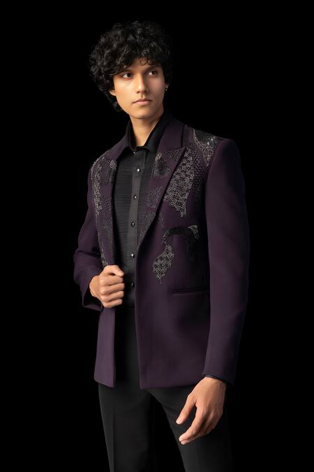 PAARSH_Purple Cotton Embroidery Linear Tuxedo Set _at_Aza_Fashions