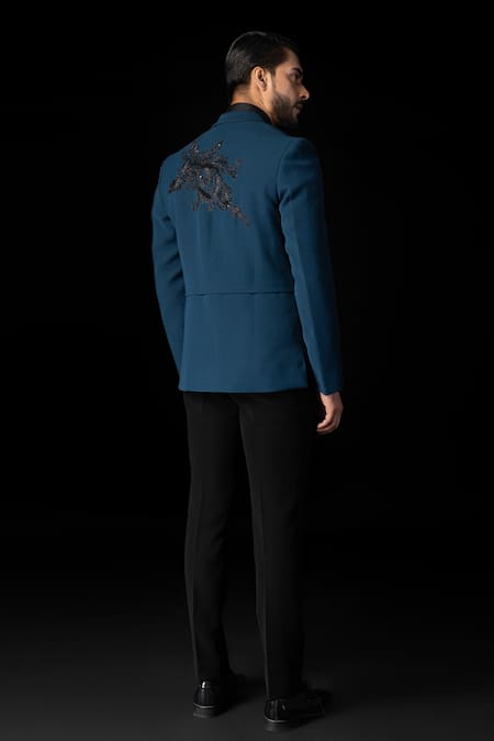 Shop_Paarsh_Blue Cotton, Polyester Applique Teal Embroidered Blazer Set _at_Aza_Fashions