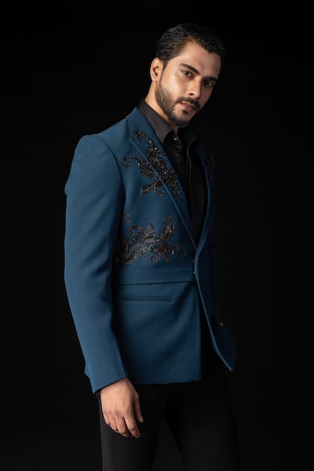 Buy_Paarsh_Blue Cotton, Polyester Applique Teal Embroidered Blazer Set _Online_at_Aza_Fashions