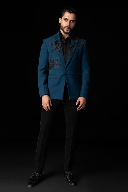 Shop_Paarsh_Blue Cotton, Polyester Applique Teal Embroidered Blazer Set _Online_at_Aza_Fashions