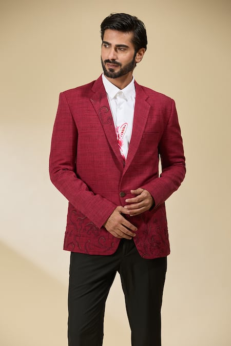 Buy_Ankita Shahabadi_Red Linen Embroidery Abstract Blazer 