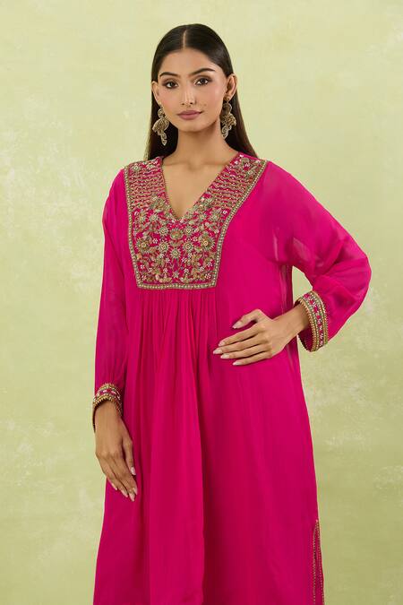 Buy Studio A Pink Organza Embroidery, Lace V-neck Nakshi Bloom Kurta Set Buy_Studio A_Pink Organza Embroidery, Lace V-neck Nakshi Bloom Kurta Set