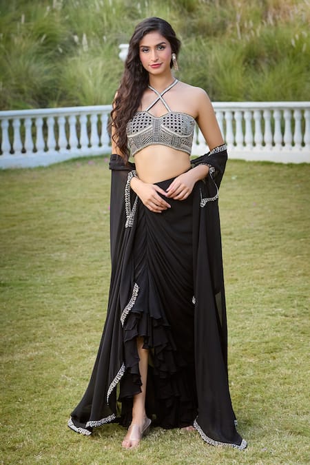 Aariyana Couture_Black Modal, Georgette Beads, Cut Work Hand Embroidered Cape And Bustier Skirt Set _at_Aza_Fashions