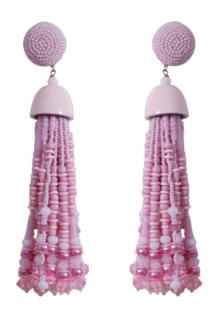 Shop Bijoux By Priya Chandna Pink Sequins, Crystals, Beads Embellished Long Tassel Earrings at Aza Fashions Shop_Bijoux By Priya Chandna_Pink Sequins, Crystals, Beads Embellished Long Tassel Earrings _at_Aza_Fashions