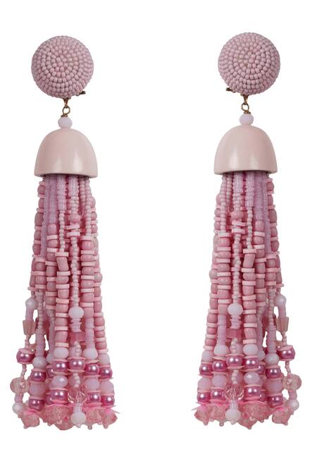Bijoux By Priya Chandna Pink Sequins, Crystals, Beads Embellished Long Tassel Earrings Online at Aza Fashions Bijoux By Priya Chandna_Pink Sequins, Crystals, Beads Embellished Long Tassel Earrings _Online_at_Aza_Fashions
