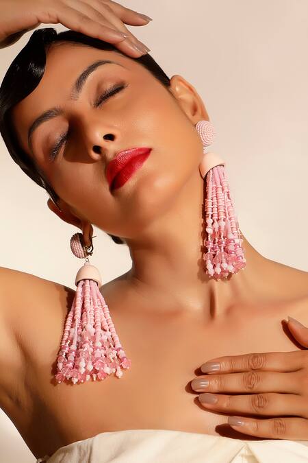 Shop Bijoux By Priya Chandna Pink Sequins, Crystals, Beads Embellished Long Tassel Earrings Online at Aza Fashions Shop_Bijoux By Priya Chandna_Pink Sequins, Crystals, Beads Embellished Long Tassel Earrings _Online_at_Aza_Fashions