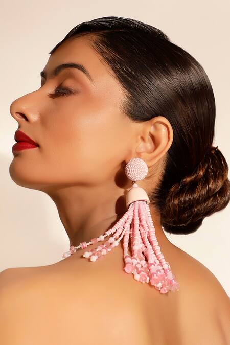 Bijoux By Priya Chandna Pink Sequins, Crystals, Beads Embellished Long Tassel Earrings at Aza Fashions Bijoux By Priya Chandna_Pink Sequins, Crystals, Beads Embellished Long Tassel Earrings _at_Aza_Fashions