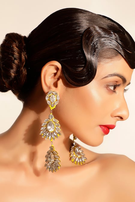 Bijoux By Priya Chandna Gold Plated Crystals, Beads, Stones Floral Long Earrings 