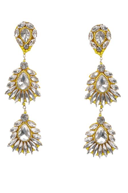 Shop_Bijoux By Priya Chandna_Gold Plated Crystals, Beads, Stones Floral Long Earrings _at_Aza_Fashions