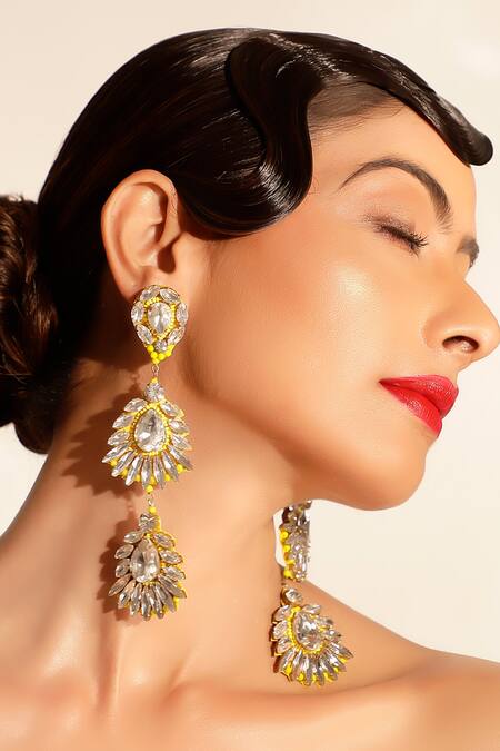 Buy Bijoux By Priya Chandna Gold Plated Crystals, Beads, Stones Floral Long Earrings Online at Aza Fashions Buy_Bijoux By Priya Chandna_Gold Plated Crystals, Beads, Stones Floral Long Earrings _Online_at_Aza_Fashions