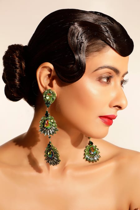 Bijoux By Priya Chandna Green Crystals, Beads, Stones Floral Danglers With 